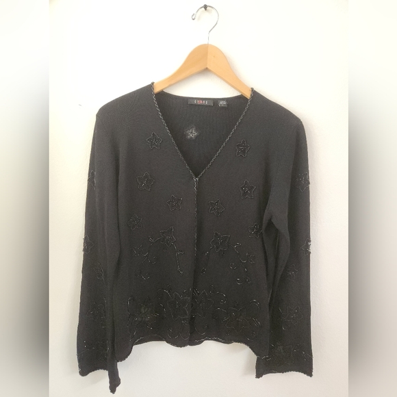 Cyrus Sweaters - Vintage Cyrus Cardigan Beaded Stars Floral Bell Sleeves Black‎ Large
